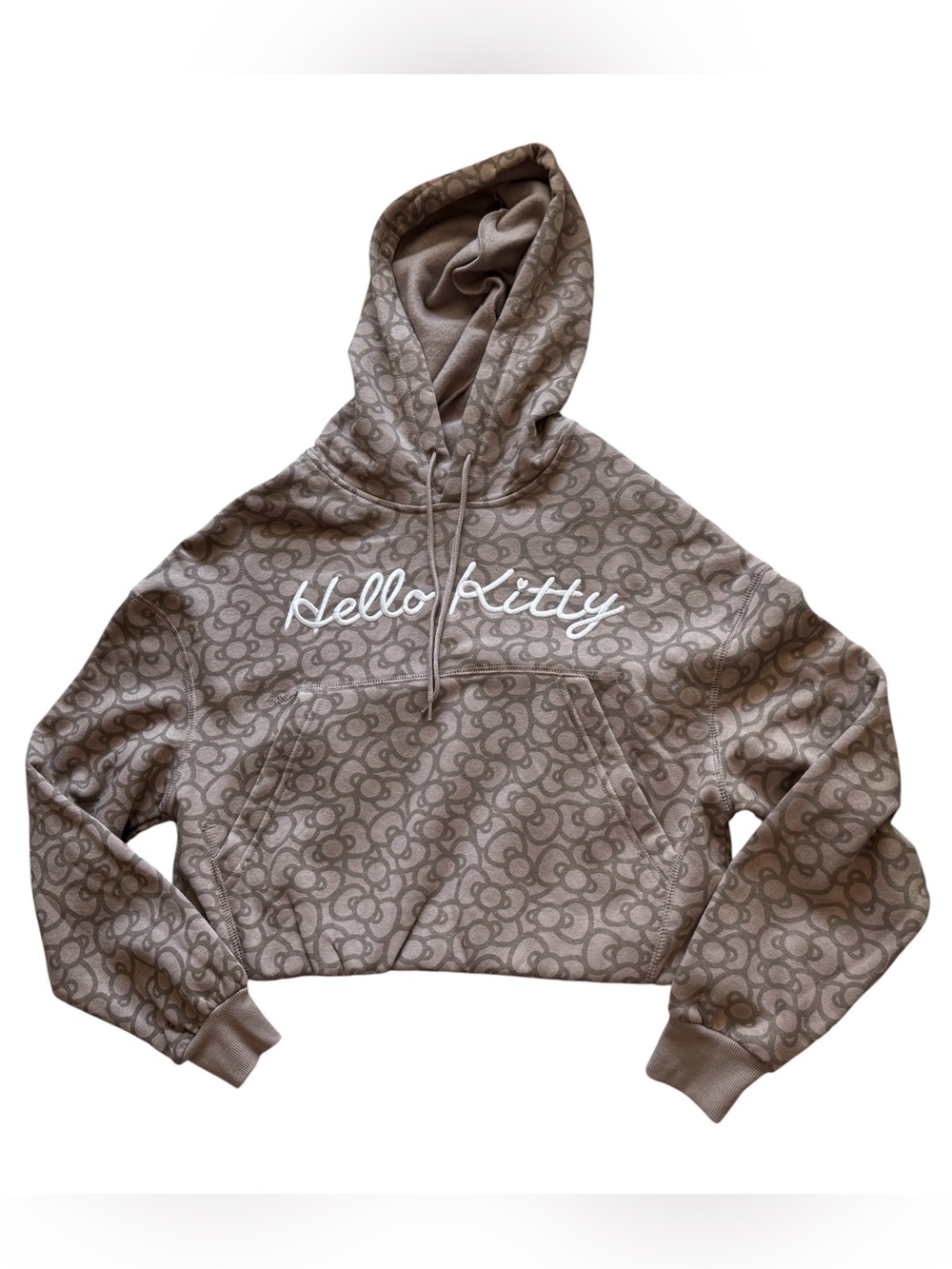 Hello Kitty Taupe Allover Logo Cropped Hoodie
